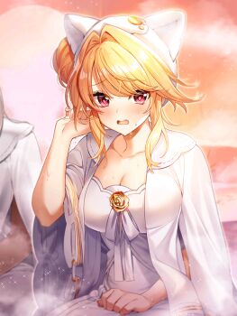 1girl 1other :d animal_hat baizu_(guszx) blonde_hair blush breasts cat_hat cleavage collarbone dress flower hair_bun hand_in_own_hair hand_up hat highres indoors jacket jacket_on_shoulders large_breasts long_sidelocks looking_at_viewer official_art open_mouth raised_inner_eyebrows red_eyes ribbon rose sauna shironeko_project short_dress sidelocks sierra_(shironeko_project) single_hair_bun single_side_bun smile steam sweat teeth tented_shirt third-party_source tsurime upper_body upper_teeth_only wavy_mouth white_dress white_hat white_jacket white_ribbon yellow_flower yellow_rose