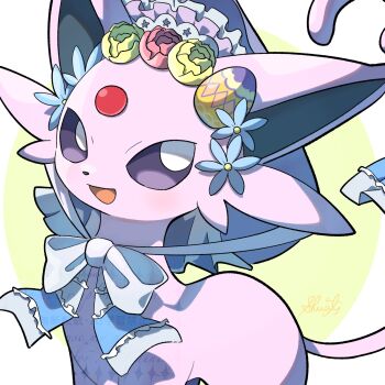 animal_focus bonnet commentary_request espeon espeon_(botanical_easter) gen_2_pokemon highres nintendo no_humans open_mouth pokemon pokemon_(creature) pokemon_focus purple_eyes ribbon shual3734 smile solo