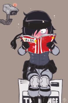 ! 10s 1girl 2015 bad_end bad_id bad_pixiv_id bags_under_eyes black_hair blush box camera cardboard_box cosplay female_focus full-face_blush hair_over_one_eye headband highres knee_pads kuroki_tomoko long_hair metal_gear_(series) metal_gear_solid on_box parody randomboobguy reading signature sitting sitting_on_box sitting_on_object sneaking_suit solid_snake solid_snake_(cosplay) solo watashi_ga_motenai_no_wa_dou_kangaetemo_omaera_ga_warui!