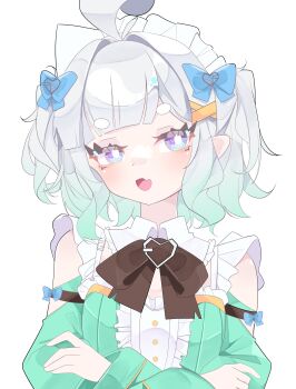 Rule 34 | 1girl, absurdres, ahoge, berrychan00, black bow, blue bow, blue eyes, bow, bowtie, center frills, crossed arms, detached sleeves, dress, eyelashes, fang, frills, ghost, gradient hair, green dress, green hair, hair bow, hair intakes, hair ornament, highres, indie virtual youtuber, long sleeves, looking at viewer, maid, maid headdress, medium hair, mint fantome, mint fantome (minto 2.0), multicolored hair, open mouth, pointy ears, short eyebrows, simple background, skin fang, solo, thick eyebrows, two side up, virtual youtuber, white background, white hair, x hair ornament
