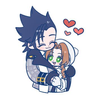 Rule 34 | 105zz, 1boy, 1girl, aerith gainsborough, aerith gainsborough (fairy of snowfall), black gloves, black hair, blush, braid, braided ponytail, closed mouth, coat, commentary request, couple, covering with clothes, cropped torso, final fantasy, final fantasy vii, final fantasy vii: ever crisis, fingerless gloves, fur-trimmed coat, fur-trimmed sleeves, fur trim, gloves, green eyes, grey coat, hat, heart, heart-shaped pupils, height difference, hetero, hug, hug from behind, long hair, long sleeves, looking at another, official alternate costume, open mouth, pom pom (clothes), ponytail, simple background, smile, spiked hair, symbol-shaped pupils, white background, white coat, white gloves, white hat, zack fair, zack fair (holiday suit)