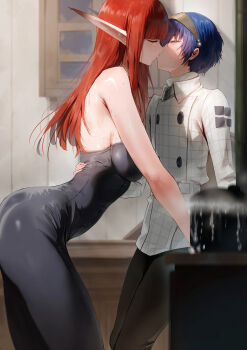 1boy 1girl absurdres ass bare_shoulders black_pants black_unitard blue_hair blush breasts closed_eyes commission dark_blue_hair hairband half-closed_eyes highres hulkenberg_(metaphor:_refantazio) indoors jacket kiss large_breasts long_hair long_pointy_ears long_sleeves metaphor:_refantazio pants pixiv_commission pointy_ears protagonist_(metaphor:_refantazio) red_hair rororo short_hair tall_female thighs unitard white_jacket