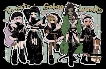 5girls :3 absurdres ankle_boots arm_at_side arm_behind_head arm_up armpit_crease asymmetrical_jacket asymmetrical_legwear bags_under_eyes belt black_border black_choker black_gloves black_hair black_hat black_headband black_jacket black_jumpsuit black_outline black_pants black_pantyhose black_shoes black_shorts black_streaks black_sweater blue_eyes blue_hair blush_stickers boots border box box_stack bra bra_peek breast_tattoo breasts brown_eyes brown_hair character_name chest_harness choker choppy_bangs cleavage cleavage_cutout closed_mouth clothing_cutout clothing_request coat cocked_eyebrow collarbone collared_shirt colored_skin commentary_request contrapposto crop_top cropped_jacket crotchless crotchless_pants curtained_hair dark-skinned_female dark_skin dot_mouth dress ear_piercing earrings expressionless eyeshadow floyd_leech floyd_leech_(nightmare_courier) full_body fur-trimmed_dress fur-trimmed_headwear fur-trimmed_jacket fur_trim furrowed_brow genderswap genderswap_(mtf) gift gift_box gloves gold_earrings green_coat green_eyes green_sash grey_background grey_belt grey_eyeshadow grey_hoodie grey_skin hair_between_eyes hair_over_shoulder half_up_bun half_updo hand_on_own_hip hand_up harness hashtag hat headband heart height_difference heterochromia high_collar highres holding holding_gift holding_sack hood hood_down hoodie hyena_ears hyena_girl hyena_tail jacket jewelry jumpsuit kalim_al-asim kalim_al-asim_(nightmare_courier) knee_boots lapels leg_warmers lineup looking_at_viewer lost_in_the_book_with_tim_burton&#039;s_the_nightmare_before_christmas low_ponytail makeup mature_eyes mature_female medium_breasts medium_hair midriff_peek mismatched_legwear multicolored_hair multiple_earrings multiple_girls navel neck_tattoo newsboy_cap off_shoulder open_clothes open_coat open_jacket open_mouth outline pale_skin pants pants_rolled_up pants_under_skirt pantyhose parted_bangs parted_lips patchwork_clothes piercing pinstripe_jacket pinstripe_pattern pointy_ears ponytail print_sash purple_eyes red_eyes ribbed_sweater ruggie_bucchi ruggie_bucchi_(nightmare_courier) sack santa_hat sash scar scar_on_face shirt shoes short_dress short_eyebrows shorts shoulder_tattoo silver_vanrouge silver_vanrouge_(nightmare_courier) single_off_shoulder skirt sleeveless sleeveless_shirt sleeveless_sweater sleeveless_turtleneck smile standing standing_on_one_leg streaked_hair sweater swing_(twisted_wonderland) tattoo thigh_peek thigh_strap torn_clothes torn_coat torn_shirt torn_skirt turtleneck twisted_wonderland twitter_username underwear v-shaped_eyebrows waist_sash watermark wavy_hair white_hair white_outline white_shirt white_skirt yellow_eyes yutan12_tw