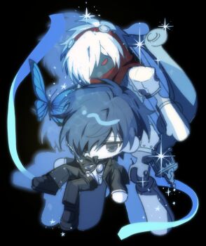 1boy bear_do black_jacket black_pants black_shoes blue_background blue_butterfly blue_eyes blue_hair blue_ribbon bug butterfly chibi commentary digital_media_player digital_walkman drop_shadow earphones full_body gekkoukan_high_school_uniform hair_over_one_eye hashtag-only_commentary highres insect instrument jacket long_sleeves looking_at_viewer lyre male_focus open_clothes open_jacket orpheus_(persona) pants persona persona_(summon) persona_3 ribbon school_uniform shoes short_hair simple_background sparkle star_(symbol) walkman_nw-s203f white_hair yuuki_makoto_(persona_3)