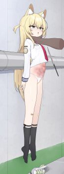 1boy 1girl absurdres animal_ear_fluff animal_ears black_socks blonde_hair blood blood_from_mouth blue_archive bruise bruise_on_stomach commentary corpse dark-skinned_male dark_skin disembodied_hand empty_eyes english_commentary fox_ears fox_girl full_body green_eyes halo hanging_legs highres imminent_stabbing indoors ju_ge knife kurumi_(blue_archive) long_hair long_sleeves navel neck_grab neckerchief no_pants open_mouth panties peeing peeing_self red_neckerchief ryona sailor_collar school_uniform serafuku shoes socks solo_focus stomach strangling suspension sweat tears triangle_halo underwear unworn_shoes very_long_hair white_panties