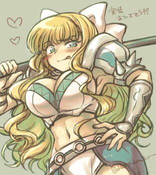1girl :q arm_guards armor bikini_armor blonde_hair blue_eyes bow breasts charlotte_(fire_emblem) cleavage commentary_request cowboy_shot fire_emblem fire_emblem_fates gorget grey_background hair_bow hand_on_own_hip highres holding holding_weapon large_breasts long_hair looking_at_viewer narrow_waist navel nintendo panties simple_background smile solo sorakaza tongue tongue_out underwear very_long_hair weapon white_bow white_panties