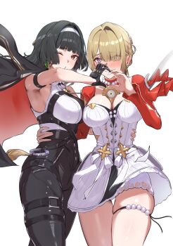2girls arm_strap astra_yao astra_yao_(cosplay) black_hair blunt_sidelocks breasts commentary_request cosplay costume_switch earrings evelyn_chevalier evelyn_chevalier_(cosplay) hairband harness high-waist_pants highres jacket jewelry multiple_girls necklace necktie pants pearl_necklace red_jacket revision sidelocks tight_clothes tight_pants uneven_bangs white_hairband yellow_necktie yoruta_(yossy_puyo_holo) zenless_zone_zero
