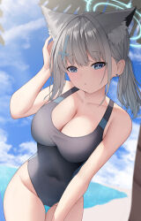 Rule 34 | 1girl, absurdres, animal ear fluff, animal ears, beach, black one-piece swimsuit, blue archive, blue eyes, blue sky, breasts, cleavage, cloud, competition swimsuit, covered navel, cross hair ornament, day, extra ears, grey hair, hair ornament, halo, highres, leaning forward, low ponytail, medium breasts, medium hair, mismatched pupils, multicolored clothes, multicolored swimsuit, official alternate costume, one-piece swimsuit, outdoors, sausage (qqc33693), shiroko (blue archive), shiroko (swimsuit) (blue archive), sky, solo, swimsuit, thigh gap, wolf ears