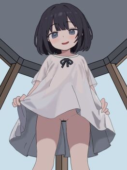 1girl bar_censor black_hair blush censored cleft_of_venus clothes_lift dress dress_lift female_focus flat_chest from_below lifting_own_clothes loli looking_at_viewer nam_eless nipples no_panties open_mouth original pussy see-through_clothes see-through_dress short_hair smile solo standing upskirt white_dress window