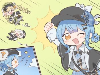 &gt;_&lt; 3girls ? arm_up black_bag black_capelet black_hat blonde_hair blue_hair blue_necktie blue_skirt braid braided_hair_rings capelet chibi chibi_only clenched_hand cloud commentary deerstalker flying green_background grey_vest hair_rings hat highres long_hair long_sleeves mahou_shoujo_no_majo_saiban multiple_girls multiple_views necktie one_eye_closed open_mouth punching sakuraba_ema sasa_kichi shirt short_hair skirt smile sparkle symbol-only_commentary tachibana_sherry tono_hanna twintails vest white_shirt yellow_eyes