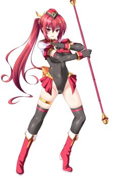 1girl aoi_masami asamiya_minami black_gloves black_thighhighs blush boots breasts cameltoe covered_navel elbow_gloves full_body game_cg gloves hair_ornament hairclip hat highres holding holding_staff knight_ignis large_variant_set leotard long_hair looking_at_viewer magical_girl non-web_source official_art open_mouth ponytail red_eyes red_hair showgirl_skirt solo staff standing thighhighs transparent_background ts_magical_girl_nao variant_set