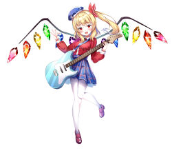 Rule 34 | 1girl, absurdres, alternate costume, blue skirt, crystal wings, electric guitar, flandre scarlet, ggs, guitar, hair ribbon, hand up, hat, highres, instrument, mary janes, mini hat, open mouth, red ribbon, ribbon, shoes, side ponytail, simple background, skirt, smile, solo, thighhighs, touhou, white background, white thighhighs