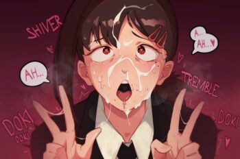 1girl absurdres ahegao black_jacket black_necktie brown_hair chainsaw_man collared_shirt cum cum_in_nose cum_on_body cum_on_hair double_w facial female_focus gradient_background hair_ornament hairclip heart heart-shaped_pupils higashiyama_kobeni highres jacket looking_at_viewer mole mole_above_mouth mole_under_eye necktie open_mouth portrait red_background red_eyes revision shirt solo sorapoi speech_bubble stray_pubic_hair sweat symbol-shaped_pupils teeth tongue trembling upper_teeth_only w white_shirt