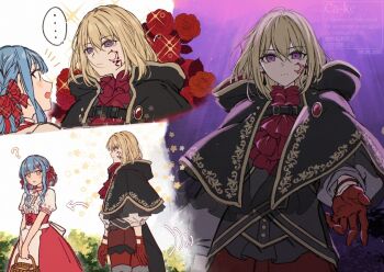 2girls aver_(yumenokessho) bang_dream! bang_dream!_it&#039;s_mygo!!!!! basket blonde_hair blue_hair bow center_frills closed_mouth commentary doloris_(bang_dream!) flower frills gloves hair_between_eyes hair_bow hair_ornament hairclip heart long_hair medium_hair misumi_uika multiple_girls offering_hand paperca-ke purple_eyes red_bow red_gloves red_shorts red_skirt rose shirt short_hair_with_long_locks shorts sidelocks skirt sparkle spoken_heart sweets_paradise symbol-only_commentary togawa_sakiko white_shirt yumenokessho