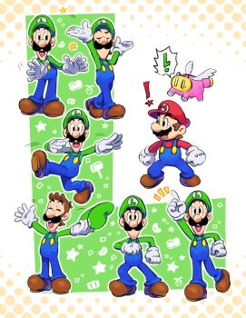 ! 2boys absurdres bandana blue_overalls boots brothers brown_boots brown_hair facial_hair gloves green_hat green_shirt hat highres luigi male_focus mario mario_&amp;_luigi:_brothership mario_&amp;_luigi_rpg mario_(series) multiple_boys multiple_views mustache newsboy_cap nintendo one_eye_closed orange_bandana overalls red_hat shirt short_hair siblings snoutlet_(mario) star_(symbol) thumbs_up white_gloves yamari_(ya_mari_6363)