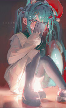 Rule 34 | 1girl, absurdres, animal ears, black shoes, brown eyes, cat ears, cellphone, commentary request, glasses, green hair, green sailor collar, green shirt, grey thighhighs, hat, highres, holding, holding phone, hsch, jacket, knees up, long sleeves, original, phone, red hat, sailor collar, santa hat, shirt, shoes, sitting, sleeves past wrists, solo, thighhighs, white jacket