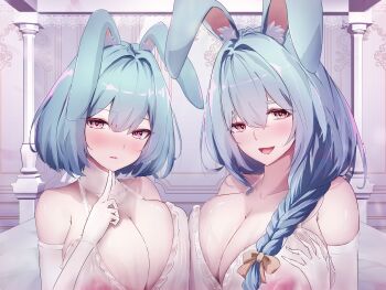 2girls :d absurdres animal_ears babydoll bed bed_sheet blue_hair blush braid breast_press breasts cleavage collarbone covered_erect_nipples elbow_gloves gloves hair_between_eyes hair_ornament highres indoors large_breasts lingerie long_hair looking_at_viewer misoyamahage3ro multiple_girls nipples open_mouth rabbit_ears rabbit_girl red_eyes see-through_babydoll see-through_clothes short_hair smile symmetrical_docking thick_eyebrows underwear upper_body white_babydoll white_gloves