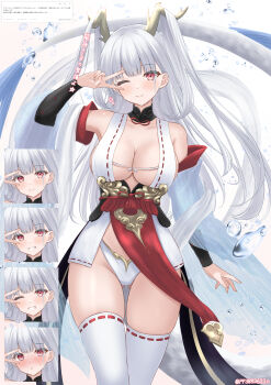 1girl :o ;) absurdres arm_behind_back azur_lane bare_shoulders blush breasts cleavage commentary_request curious detached_collar detached_sleeves dragon_girl dragon_horns dragon_tail dress expression_chart grin groin hair_on_horn hair_over_one_eye hand_up happy highleg highleg_panties highres hip_focus horns large_breasts long_hair no_bra one_eye_closed paashe panties red_eyes ribbon-trimmed_thighhighs ribbon_trim shimanto_(azur_lane) sideboob smile solo standing tail thigh_gap thighhighs thighs translation_request underwear v v_over_eye very_long_hair white_dress white_hair white_panties