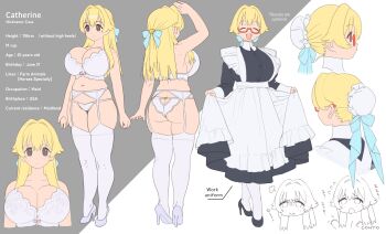1girl absurdres apron ass ass_cutout ass_freckles blonde_hair body_freckles breasts butt_crack catherine_(conto) cleavage clothes_on_and_off clothing_cutout commentary conto curvy english_commentary english_text freckles full_body garter_belt garter_straps glasses gluteal_fold hair_intakes high_heels highres large_breasts long_hair maid maid_apron multiple_views navel notes open_mouth original red-framed_eyewear reference_sheet semi-rimless_eyewear thick_thighs thighhighs thighs turnaround white_garter_straps white_thighhighs