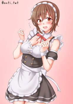 Rule 34 | 1girl, alternate costume, anti (untea9), black dress, blush, breasts, brown eyes, brown hair, cleavage, cowboy shot, dress, enmaided, gradient background, hairband, highres, kantai collection, large breasts, looking at viewer, maid, natori (kancolle), open mouth, pink background, short hair, short sleeves, solo, twitter username, white hairband