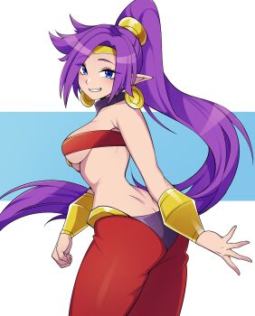 1girl alternate_skin_color blue_background blue_eyes breasts butt_crack commentary cowboy_shot dark-skinned_female dark_skin english_commentary from_behind high_ponytail highres lightened_skin long_hair looking_at_viewer looking_back medium_breasts oninuer pants ponytail purple_hair red_pants red_tube_top shantae shantae_(series) simple_background smile solo strapless tube_top white_background