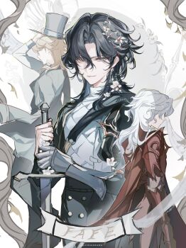 1boy absurdres adjusting_clothes adjusting_headwear armor black_hair blonde_hair blue_eyes buttons cape chinese_commentary commentary_request curtained_hair flower gauntlets green_cape green_pants hair_flower hair_ornament hair_over_shoulder hat heterochromia highres holding holding_sword holding_weapon identity_v long_hair long_sleeves looking_at_viewer male_focus medium_hair mole mole_under_mouth multiple_persona pants puff_and_slash_sleeves puffy_sleeves richard_sterling richard_sterling_(art_dealer) richard_sterling_(the_red_knight) single_gauntlet smile sword top_hat vest vidoakdame weapon white_flower white_hair white_vest yellow_eyes