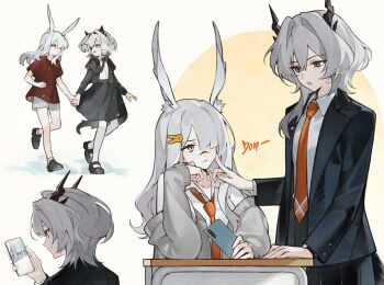 2girls absurdres aged_down alternate_hair_length_(longer) alternate_universe animal_ear_fluff animal_ears arknights black_jacket black_skirt breasts cellphone cheek_poking collared_shirt commentary cowboy_shot desk dragon_girl dragon_horns frostnova_(arknights) grey_eyes grey_hair grey_shorts hair_ornament hair_over_one_eye hairclip head_rest highres holding holding_hands holding_phone horns jacket lapel_pin lapels long_hair long_sleeves multiple_girls multiple_views necktie one_eye_covered open_clothes open_jacket orange_necktie phone poking quanx70909457 rabbit_ears rabbit_girl red_shirt scar scar_on_face scar_on_nose school_uniform shirt short_hair shorts skirt smartphone talulah_(arknights) untranslatable_commentary video_call watch wristwatch