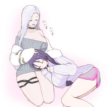 1girl bearandtangerin blush breasts commentary_request earrings fate/grand_order fate_(series) finger_sucking headpat hebi_nyoubou_(fate) highres hug jewelry lap_pillow long_hair minamoto_no_raikou_(fate) neck_ribbon purple_hair ribbon shorts simple_background smile sweater white_background white_hair