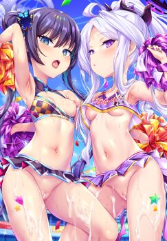 2girls alternate_costume arm_up armpits black_hair blue_archive breasts butterfly_hair_ornament censored cheerleader commentary_request crop_top cum hair_bun hair_ornament halo highres hina_(blue_archive) holding holding_pom_poms horns kisaki_(blue_archive) long_hair looking_at_viewer microskirt miniskirt multiple_girls navel nipples one_breast_out open_mouth outdoors paid_reward_available parted_bangs pleated_skirt pom_pom_(cheerleading) pom_poms purple_eyes pussy skirt sleeveless small_breasts stomach tongue toraishi_666 twintails variant_set white_hair