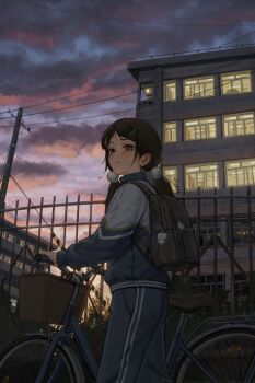 Rule 34 | 1girl, absurdres, bag, bag charm, bicycle, black hair, brown eyes, charm (object), cloud, cloudy sky, commentary request, fence, hair between eyes, hair ornament, hair tie, hairclip, highres, iron fence, long hair, looking to the side, middle part, original, outdoors, power lines, pushing bicycle, scenery, school, school bag, school uniform, sky, solo, sunset, track suit, twintails, user vvdr2237, utility pole, walking