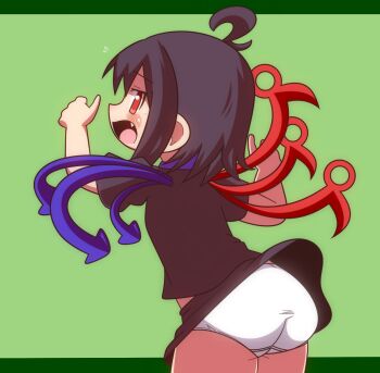 1girl ahoge ass asymmetrical_wings black_hair black_shirt black_skirt blush chikama_(hyzyo) embarrassed fang flying_sweatdrops from_behind houjuu_nue leaning_forward loli looking_at_viewer looking_back open_mouth panties puffy_sleeves red_eyes shirt short_hair short_sleeves skirt standing sweat touhou underwear white_panties wind wind_lift wings
