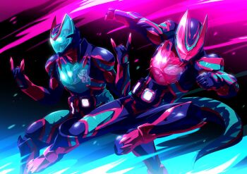2boys armor blue_armor demon demon_boy demon_tail giffard_rex giffard_rex_vistamp gloves highres kamen_rider kamen_rider_revi kamen_rider_revice kamen_rider_ultimate_revi kamen_rider_ultimate_vice kamen_rider_vice kicking m/ multicolored_gloves multiple_boys official_alternate_costume otokamu pink_armor pink_gloves revice_driver rider_kick sharp_teeth tail teeth tokusatsu tyrannosaurus_rex visor visor_(armor)