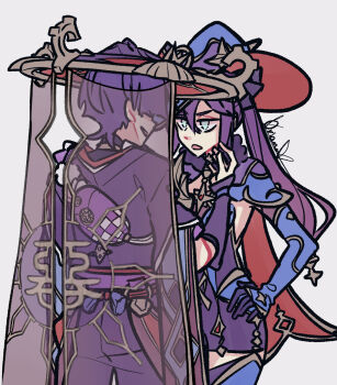 1boy 1girl aqua_eyes arm_at_side armor artist_name black_gloves black_mask blue_hat blue_leotard blue_sleeves blue_thighhighs bodystocking brooch detached_sleeves elbow_gloves facing_another fatui_logo fur_collar furisode genshin_impact gloves gold gold_trim grey_veil hair_between_eyes hair_ribbon half-closed_eyes hand_on_own_hip hand_up hat highres japanese_armor japanese_clothes jewelry jingasa juban kimono kote kurokote layered_sleeves leotard long_hair looking_at_another mask_on_hat mona_(genshin_impact) mona_(pact_of_stars_and_moon)_(genshin_impact) neck_ring o-ring open_mouth oriana0w0 pom_pom_(clothes) ponytail_holder purple_bag purple_kimono purple_ribbon purple_sash purple_shorts purple_sleeves red_hat red_kimono red_sash ribbon sash scaramouche_(genshin_impact) see-through_clothes see-through_veil short_sleeves shorts sidelocks signature single_sode star_brooch tassel thighhighs turtleneck twintails two-sided_fabric two-sided_headwear veil white_background white_kimono witch_hat