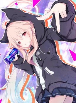 1girl absurdres alternate_costume black_hoodie blue_archive blue_skirt commentary_request hair_between_eyes halo highres hood hoodie natsu_(blue_archive) pink_hair pink_halo red_eyes sakurano_rocco shirt skirt solo thighs white_shirt