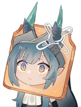 1girl :< arknights arknights:_endfield ascot black_veil blue_hair blue_horns bread bread_slice commentary food horn_ornament horns leorlontyan looking_to_the_side pointy_ears simple_background solo toast veil white_ascot white_background xaihi_(arknights) yellow_eyes