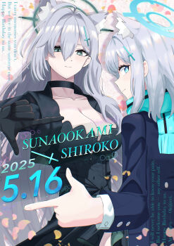 2girls absurdres animal_ear_fluff animal_ears black_choker black_dress black_gloves black_jacket black_shrug blue_archive blue_eyes blue_halo blue_scarf broken_halo character_name choker commentary_request dated dress english_text finger_gun gloves grey_hair hair_between_eyes halo highres jacket layered_sleeves long_hair looking_at_viewer m1i_i109 mismatched_pupils multiple_girls petals pink_petals scarf shiroko_(blue_archive) shiroko_terror_(blue_archive) shirt short_hair shrug_(clothing) white_shirt wolf_ears