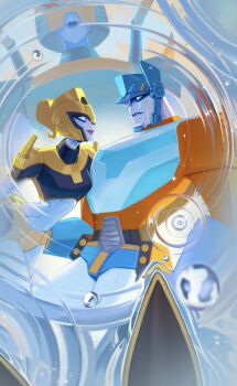 1boy 1girl bewaremypower blackarachnia blue_eyes couple elita_one helmet highres humanoid_robot metal_skin no_humans optimus_prime pink_lips robot robot_girl science_fiction transformers transformers_animated