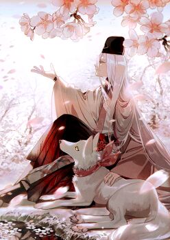 1boy animal black_hakama cherry_blossoms closed_mouth dog fate/grand_order fate_(series) from_side game_cg hair_between_eyes hakama hanasaka_no_okina_(fate) hand_on_animal hand_up japanese_clothes kimono knee_up long_hair long_sleeves male_focus official_art outstretched_arm sitting smile solo taa_(acid) third-party_source very_long_hair white_dog white_hair wide_sleeves yellow_eyes