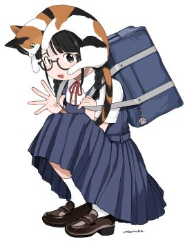 1girl absurdres animal animal_charm animal_on_head ankle_socks artist_name bag black-framed_eyewear black_hair blue_dress blunt_bangs braid brown_shoes cat cat_on_head charm_(object) collared_shirt dress from_side full_body glasses grey_eyes highres loafers looking_at_viewer looking_to_the_side nagomurasan on_head open_mouth original pinafore_dress red_ribbon ribbon school_bag school_uniform shirt shoes signature simple_background sleeveless sleeveless_dress smile socks solo squatting twin_braids waving white_background white_shirt
