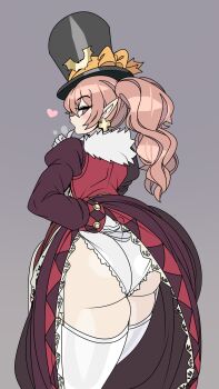 1girl absurdres ass brown_eyes brown_hair captain_kirb clothes_lift dolce_(rune_factory) dress dress_lift earrings elf female_focus grey_background hat heart highres huge_ass jewelry lifting_own_clothes long_hair panties pointy_ears presenting presenting_ass rune_factory rune_factory_4 simple_background skirt skirt_lift solo thighhighs top_hat twintails underwear white_panties white_thighhighs