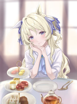 Rule 34 | 1girl, absurdres, animal ears, ascot, blonde hair, blue ascot, blue gem, blush, casual, closed mouth, commentary request, crea tiramisu, ear covers, food, fork, gem, hair between eyes, highres, horse ears, horse girl, long hair, looking at viewer, macaron, plate, shirt, single ear cover, smile, solo, spoon, teapot, tiered tray, umamusume, victoire pisa (casual) (umamusume), victoire pisa (umamusume), white shirt