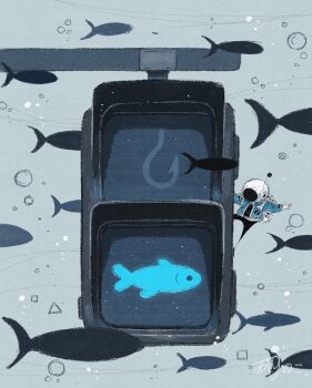 1other air_bubble animal blue_jacket blue_pants bubble commentary_request fish goggles helmet highres jacket kazunoko_(kazunoko_zunoco) mini_person original pants signature space_helmet traffic_light underwater water