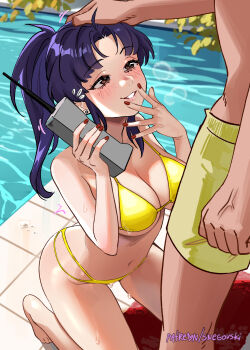1boy 1girl absurdres bikini blush breasts cellphone cleavage earrings grin headpat highres holding holding_phone jewelry katsuragi_misato kneeling large_breasts long_hair looking_at_another motorola motorola_dynatac navel neon_genesis_evangelion outdoors parted_bangs patreon_username phone ponytail poolside purple_hair red_eyes red_nails smile snegovski stomach swimsuit underboob water yellow_bikini