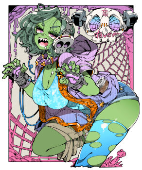 1girl blue_thighhighs breasts cleavage collar colored_skin fence fingerless_gloves gloves green_hair green_skin grey_gloves headphones jacket kafun large_breasts leg_up looking_at_viewer monster_girl open_hand original purple_eyes purple_jacket sharp_teeth short_hair silk single_thighhigh skull solo spider_web teeth thighhighs torn_clothes torn_thighhighs v-shaped_eyebrows wooden_fence zombie