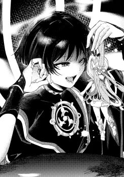 1boy 1girl absurdres anklet arm_at_side armor bell bloomers blunt_ends bodysuit cable cape clenched_hand curled_fingers detached_sleeves dress elbow_rest facing_another genshin_impact giant greyscale hand_up highres holding holding_mini_person japanese_armor japanese_clothes jewelry juban kimono kote kurokote layered_sleeves long_hair looking_at_another loose_hair_strand mini_person mitsudomoe_(shape) monochrome nahida_(genshin_impact) neck_ring non0aaaa open_clothes open_kimono open_mouth partially_shaded_face scaramouche_(genshin_impact) short_sleeves side_ponytail sidelocks stirrup_footwear teeth toes tomoe_(symbol) tongue tsurime turtleneck turtleneck_bodysuit underwear wispy_bangs