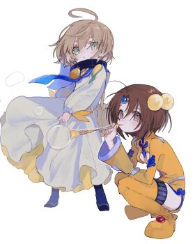 Rule 34 | 1boy, 1girl, absurdres, ahoge, bell, black boots, blonde hair, blowing bubbles, blue neckerchief, blue sailor collar, blush, boots, brown eyes, brown hair, bubble, bubble pipe, cleavage cutout, clothing cutout, commentary request, dress, forehead jewel, full body, green eyes, hair between eyes, hair ornament, highres, in-franchise crossover, laphicet (tales), long sleeves, nancykittyu, neck bell, neckerchief, norma beatty, robe, sailor collar, short dress, short hair, simple background, sphere hair ornament, squatting, tales of (series), tales of berseria, tales of legendia, thigh boots, white background, white robe, yellow boots, yellow dress