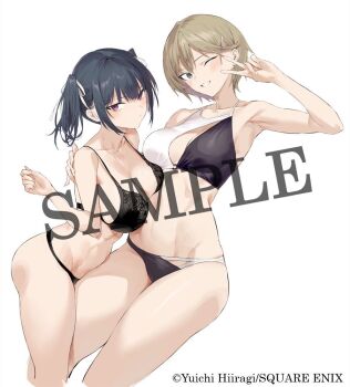 2girls bikini black_bikini blonde_hair blue_eyes breast_press breasts cleavage earrings evergreen_eri hair_ribbon haite_kudasai_takamine-san hiiragi_yuuichi jewelry kurosaki_rurika large_breasts looking_at_viewer multiple_girls navel official_art one_eye_closed pink_eyes ribbon sample_watermark short_hair sideboob simple_background stomach swimsuit thighs twintails v watermark white_background white_ribbon wink yuri