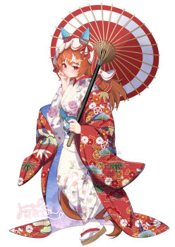 Rule 34 | 1girl, alternate costume, animal ears, blue sash, blush, brown hair, closed mouth, clothing request, floral print, floral print kimono, hand on own face, highres, holding, holding umbrella, horse ears, horse girl, horse tail, jacket, japanese clothes, kimono, long hair, looking at viewer, obi, print kimono, red eyes, red jacket, red umbrella, sandals, sash, sidelocks, socks, solo, still in love (umamusume), tail, umamusume, umbrella, veil, white kimono, white socks, white veil, wide sleeves, yomean!