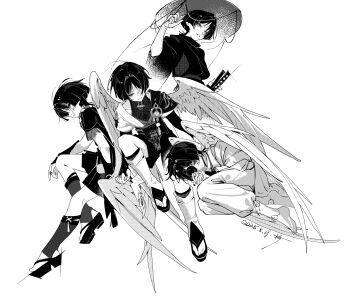 Rule 34 | 4boys, absurdres, anemo symbol (genshin impact), angel wings, arm on knee, arms at sides, barefoot, belt, blunt ends, bodysuit, bow, bridal gauntlets, bridal legwear, cape, closed mouth, clothing cutout, covered collarbone, curled fingers, dated, doll, doll joints, feathered wings, feathers, fetal position, frilled sleeves, frills, furisode, gem, genshin impact, greyscale, hair intakes, hair over one eye, hakama, hakama shorts, hand up, highres, holding, holding stuffed toy, ichimegasa, japanese clothes, joints, juban, kariginu, katana, kimono, knee up, kuronushi (genshin impact), layered sleeves, leaning on person, leg warmers, looking at viewer, lying, middle ring, monochrome, multiple boys, multiple persona, on side, open clothes, open kimono, open mouth, pants, parted lips, pleated shorts, pom pom (clothes), qiao2121, rope, sandals, sash, scaramouche (genshin impact), scaramouche (kabukimono) (genshin impact), sheath, sheathed, shimenawa, short sleeves, shorts, shoulder peek, side cutout, sitting, smile, split mouth, stirrup legwear, stuffed toy, sword, tassel, toeless legwear, toes, tsurime, vision (genshin impact), wanderer (genshin impact), weapon, wide sleeves, wings, wispy bangs, zouri