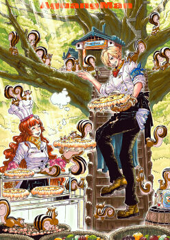 1boy 1girl absurdres aguangman1030 barrel black_beard black_pants blonde_hair chef chef_hat cigarette closed_eyes food hat highres one_piece orange_hair pants pie sanji_(one_piece) shoes signature smile smoking squirrel tree yellow_shoes